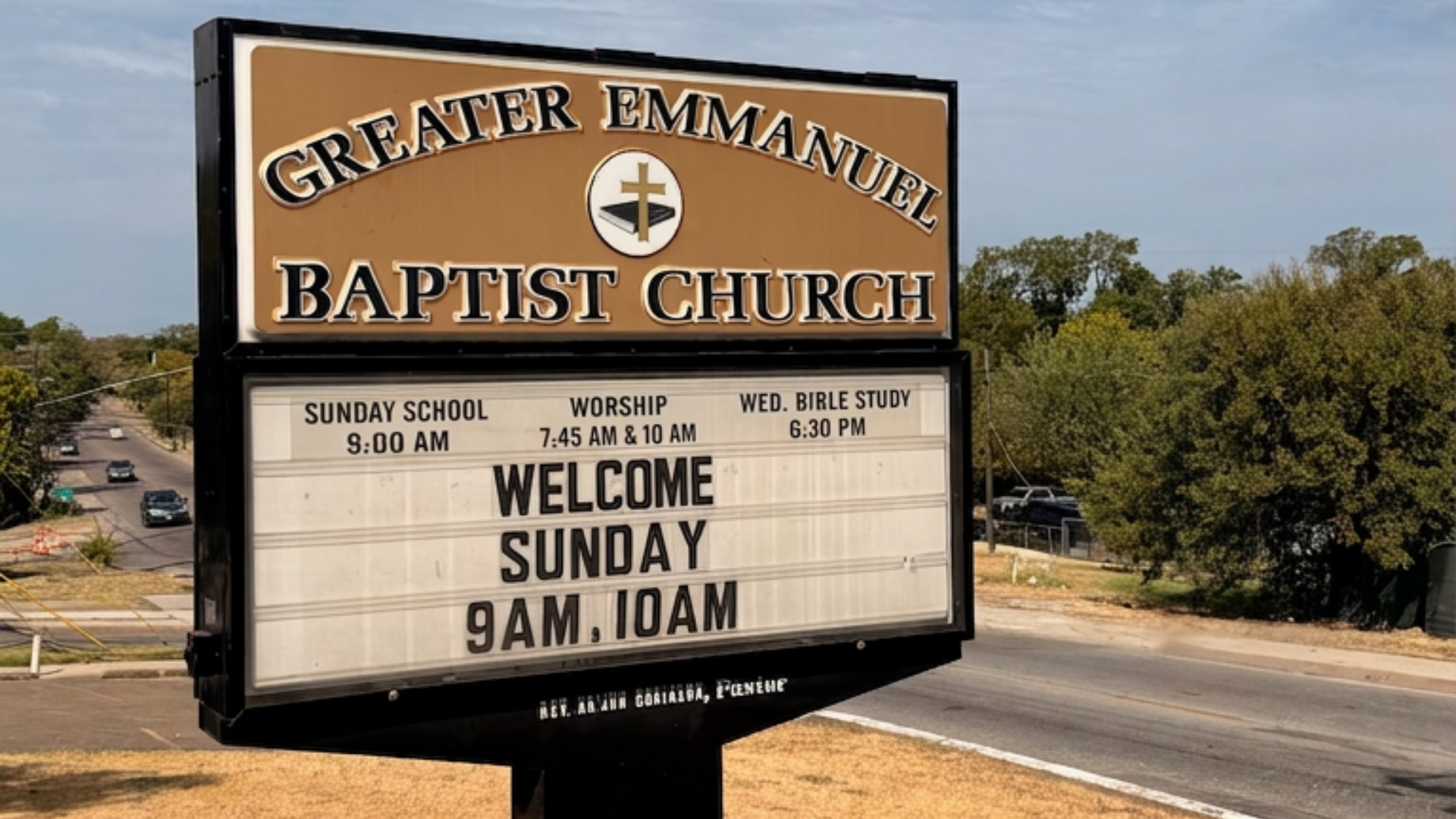 1920x1080 Outdoor Church Sign that says Greater Emmanuel Baptist Church. The letterboard says Welcome Sunday 9am & 10 am.